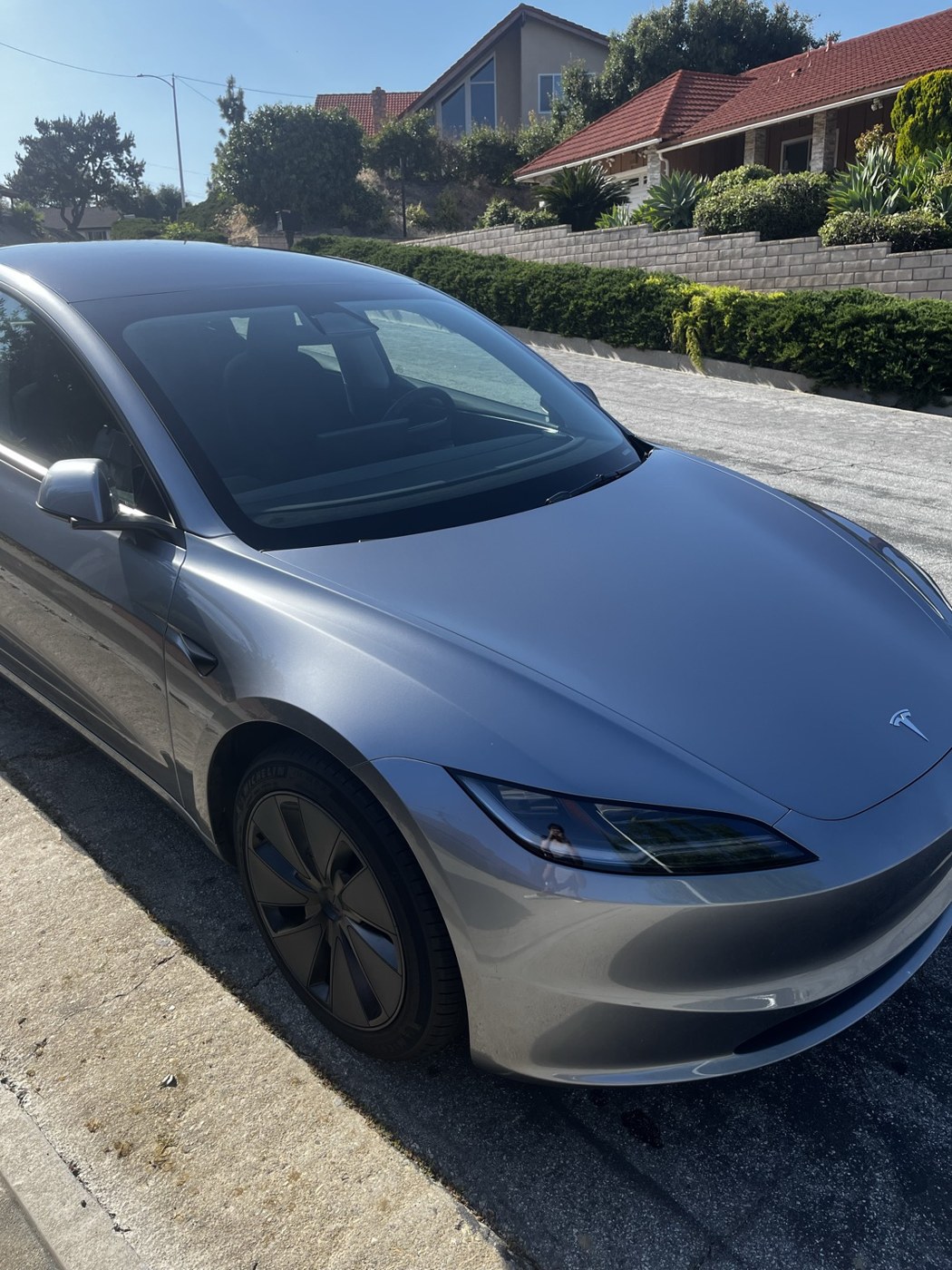 Silver Tesla Model 3 after an exterior detail